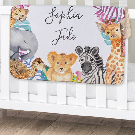 Personalized Wild Animals Baby Girl Blanket