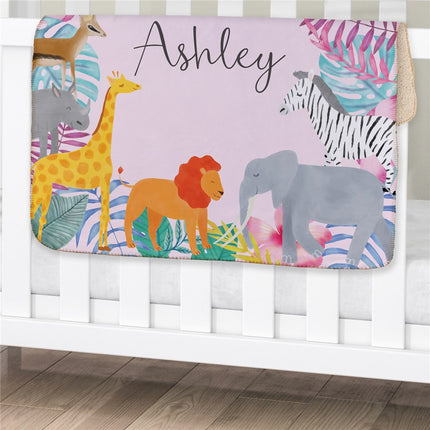 Personalized Safari Animals Baby Girl Blanket
