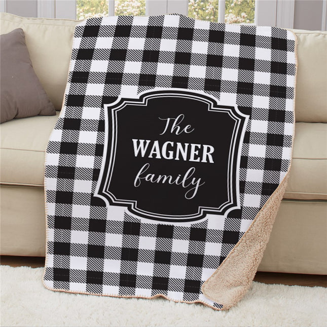 Personalized Black and White Gingham Frame Sherpa Blanket