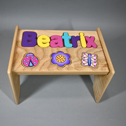 Natural Personalized Name & Symbol Puzzle Stool - Jewel Garden Shapes