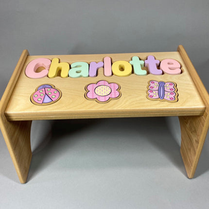 Natural Personalized Name & Symbol Puzzle Stool - Pastel Garden Shapes
