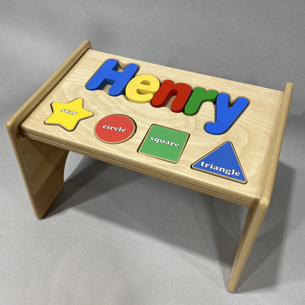 Natural Personalized Name & Symbol Puzzle Stool - Primary Shapes
