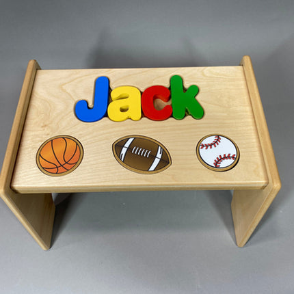 Natural Personalized Name & Symbol Puzzle Stool - Primary Sports Shapes