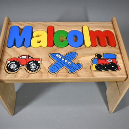 Natural Personalized Name & Symbol Puzzle Stool - Transportation Primary Shapes
