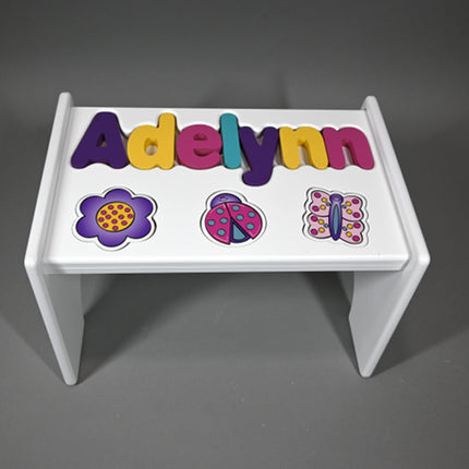White Personalized Name & Symbol Puzzle Stool - Jewel Garden Shapes