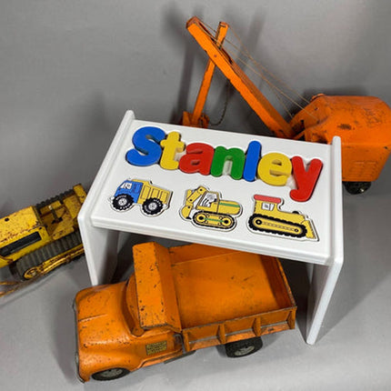 White Personalized Name & Symbol Puzzle Stool - Construction Primary Shapes