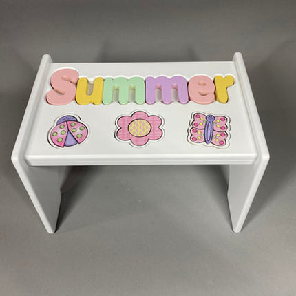 White Personalized Name & Symbol Puzzle Stool - Pastel Garden Shapes