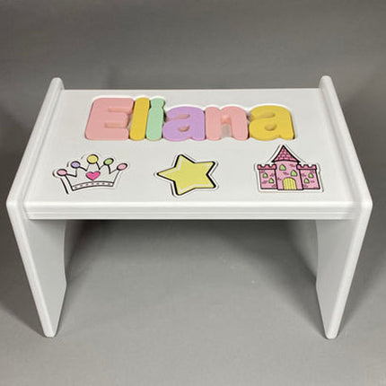 White Personalized Name & Symbol Puzzle Stool - Pastel Princess Shapes