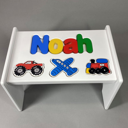 White Personalized Name & Symbol Puzzle Stool - Transportation Primary Shapes