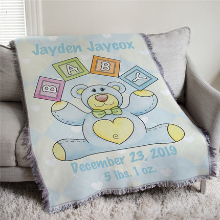Personalized Baby Boy Teddy Bear Tapestry Throw