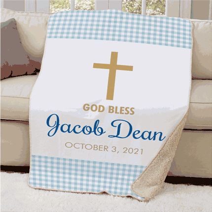 Personalized Baptism Gingham Sherpa Blanket