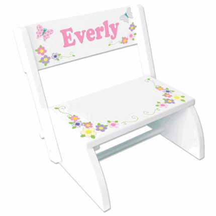 Personalized Childs Wood Flip Stool - Butterfly Garland Pastel