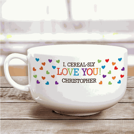 Personalized I, Cereal-sly Love You Colorful Hearts Ceramic Bowl