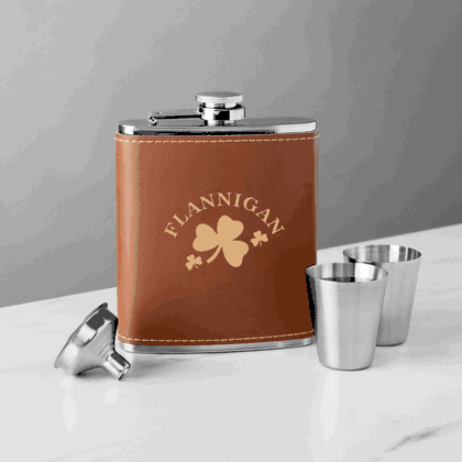 Personalized Shamrock Leather Flask Set