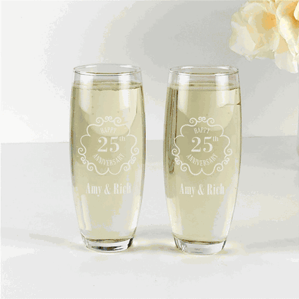 Personalized Vintage Frame Anniversary Stemless Flute Set