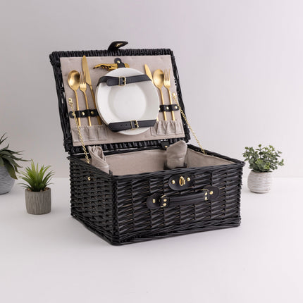 Picnic Basket Set for 2, Black Willow with Beige Accents