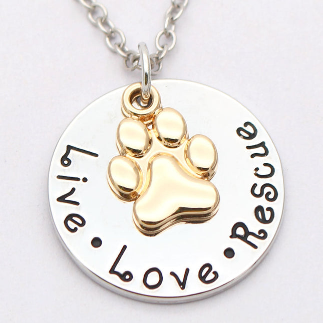 Pet Lover Dog Paw Necklace or Keychain "Live · Love · Rescue"