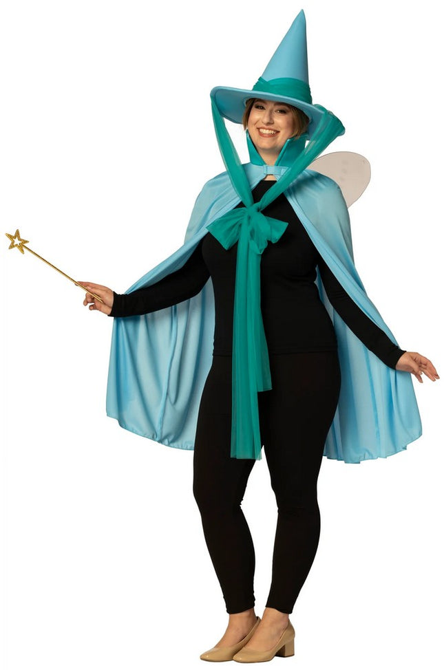 Adult Blue Fairy Godmother Hat, Cape & Wand Costume
