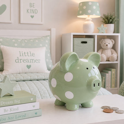 Sage Polka Dot Piggy Bank
