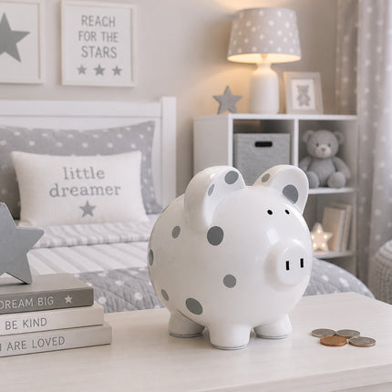 Gray Polka Dot Piggy Bank