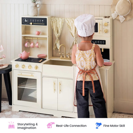 Tiny Land Iconic Wooden Play Kitchen - Cream Pretend Cooking Set for Kids