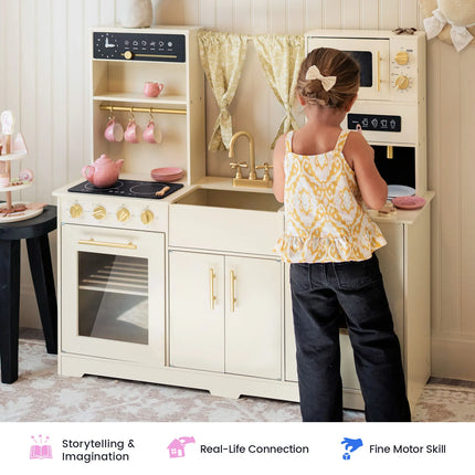 Tiny Land Iconic Wooden Play Kitchen - Cream Pretend Cooking Set for Kids