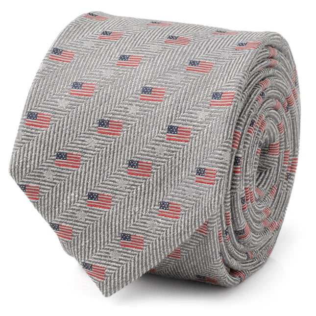 Light Gray Herringbone American Flag Men's Tie