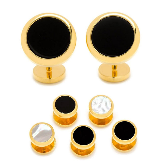 Double Sided Gold Onyx Round Beveled 5 Stud Set