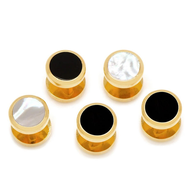 Double Sided Gold Onyx and Mother of Pearl Round 5 Stud Set