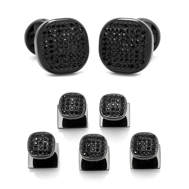 Black Stainless Steel Black Crystal Cufflink and 5 Stud Set