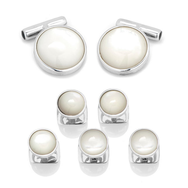 Sterling Silver Ribbed MOP Cufflinks and 5 Stud Set