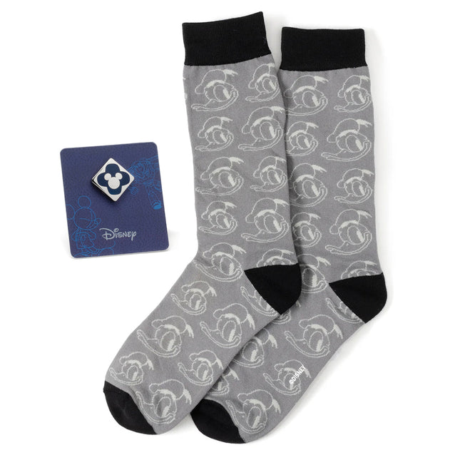 Donald Duck Patterned Gray Socks and Mickey Mouse Blue Lapel Pin Set