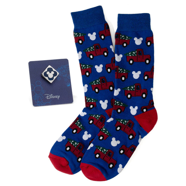 Disney Mickey Mouse Holiday Truck Navy Socks and Blue Lapel Pin Set