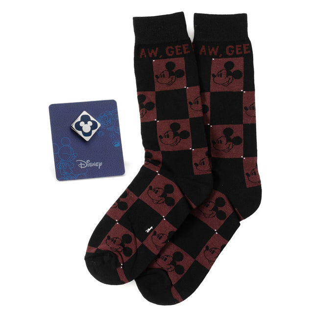Disney Mickey Mouse Red Check Sock and Mickey Blue Lapel Pin Gift Set