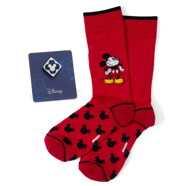 Disney Mickey Mouse Pie-Eyed Red Sock and Mickey Blue Lapel Pin Set