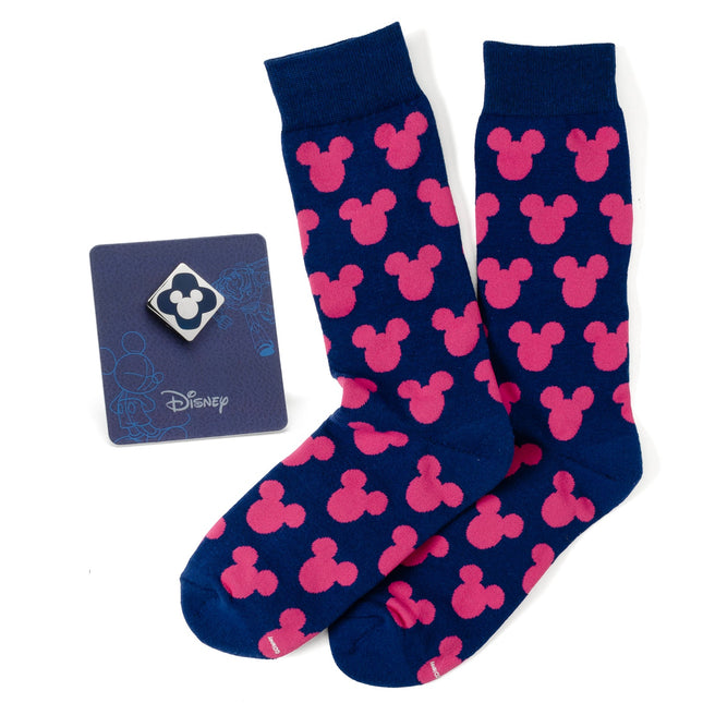 Disney Mickey Mouse Silhouette Pink Sock and Mickey Blue Lapel Pin Set