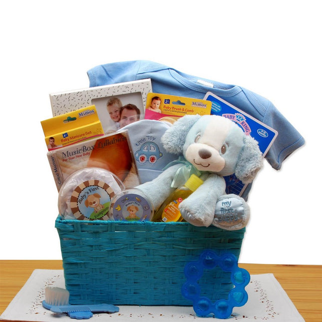 Puppy Love New Baby Blue Gift Basket