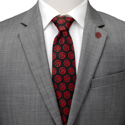 Marvel Daredevil Men's Black Tie and Embossed Logo Lapel Pin Set