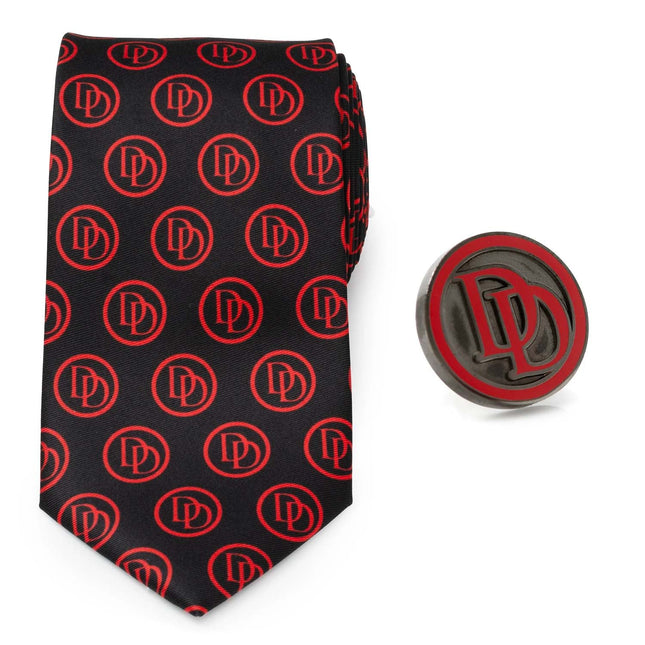 Marvel Daredevil Men's Black Tie and Embossed Logo Lapel Pin Set