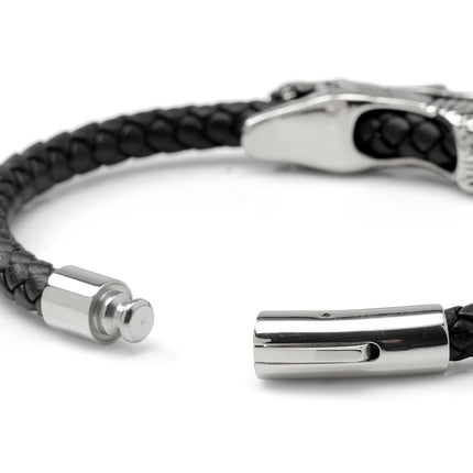 Dragon Head Braided Black Leather Bracelet with Magnetic Closure