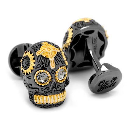 Sterling Silver Black and 18K Gold Day of the Dead Skull Cufflinks