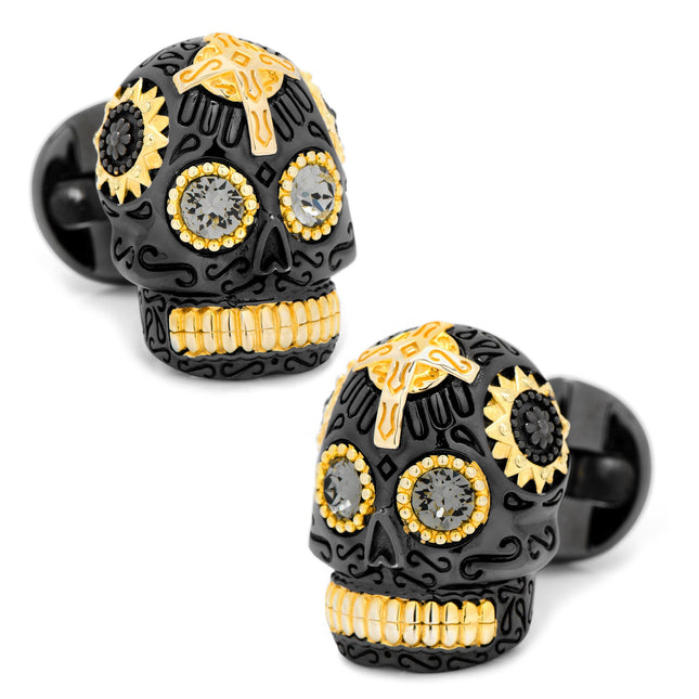 Sterling Silver Black and 18K Gold Day of the Dead Skull Cufflinks