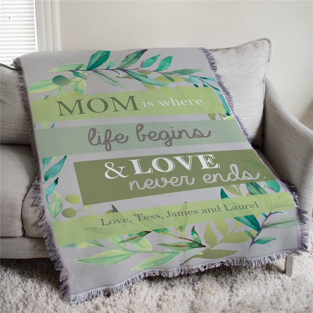 Personalized Colorful Floral Afghan Throw - Mom is Where Life Begins