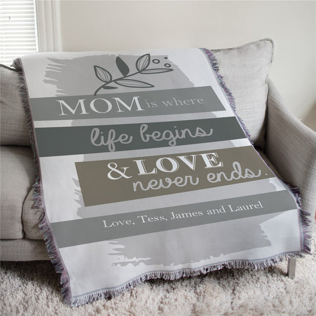 Personalized Muted Floral Afghan Throw - Mom is Where Life Begins