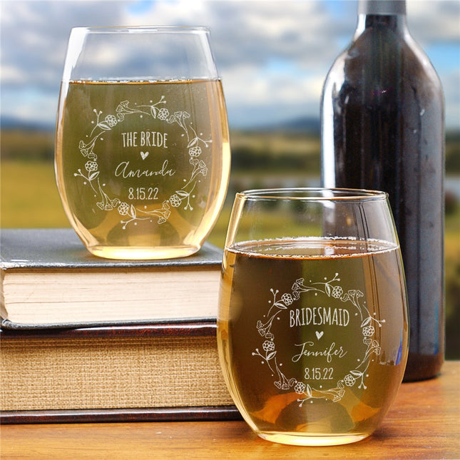 Personalized Bridal Party Floral Wreath Stemless Wine Glass