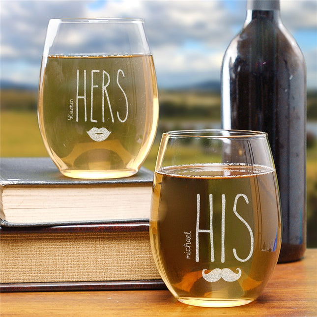 Personalized His & Hers Stemless Wine Glasses Set
