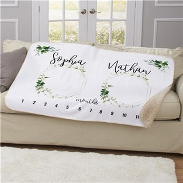 Personalized Frames With Leaves Baby Monthly Milestone 50x60 Sherpa Blanket
