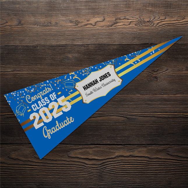 Personalized Graduation Pennant - Gold Confetti, Caps And Stripes