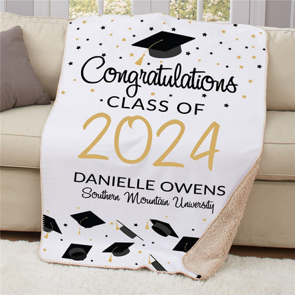 Personalized Black and Gold Confetti Caps Graduation Sherpa Blanket