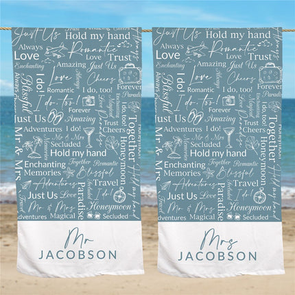 Personalized Mr Or Mrs Blue Word Art Beach Towel